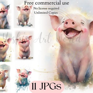 Aquarel Happy Piggy - Baby Pig - Card Making, Mixed Media, Digital Paper Craft - Commercieel gebruik - Digitale download