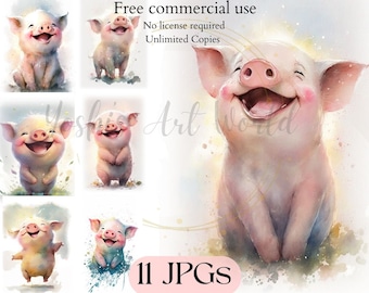 Acquerello Happy Piggy - Baby Pig - Creazione di cartoline, Media misti, Mestiere con carta digitale - Uso commerciale - Download digitale