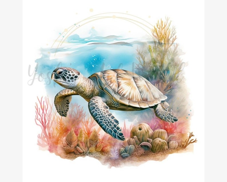 Pu&ograve; includere: Illustrazione ad acquerello di una tartaruga marina che nuota nell'oceano. La tartaruga ha un guscio e pinne decorate, con coralli e piante marine sullo sfondo. L'opera d'arte &egrave; nei toni del blu, verde, marrone e arancione.