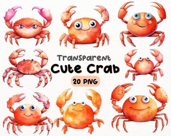 Cute Crab PNG Bundle, Digital Crafts Designs Transparent, Baby Crab Clipart, Ocean Life Clipart, Commercial Use