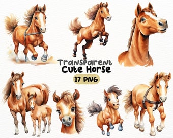 Watercolor Cute Horse PNG Bundle, Digital Crafts Designs Transparent, Baby Horse and Mama Horse Clipart, Animal Clipart, Commercial Use