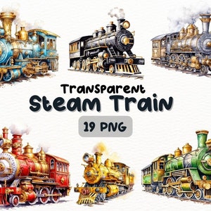 Paquete PNG de tren de vapor de acuarela, diseños de manualidades digitales transparentes, imágenes prediseñadas de tren, imágenes prediseñadas de locomotora de vapor, uso comercial