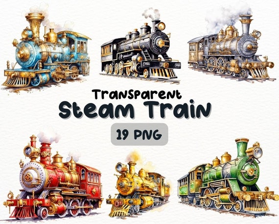 Watercolor Steam Train PNG Bundle, Digital Crafts Designs Transparent, Train Clipart, Steam Locomotive Clipart, Commercial Use