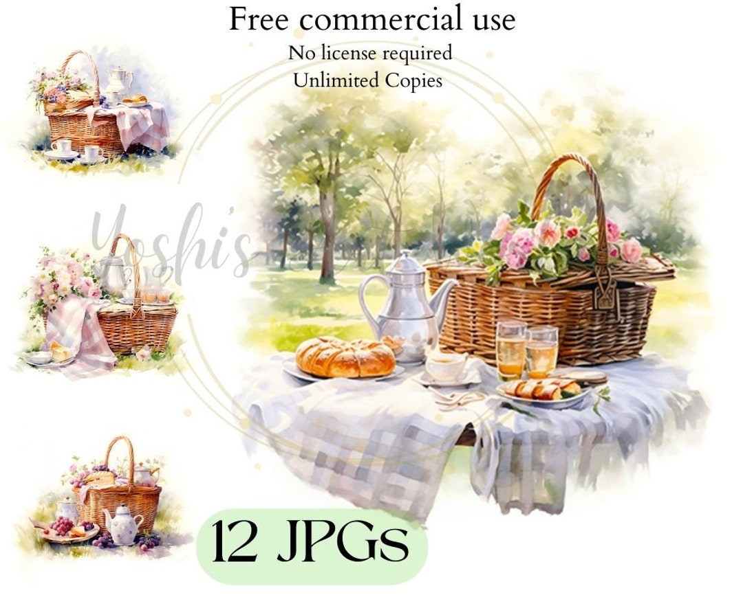 Vintage Picnic Basket With Flower Floral Picnic Basket Card Making, Mixed Media, Digital Paper