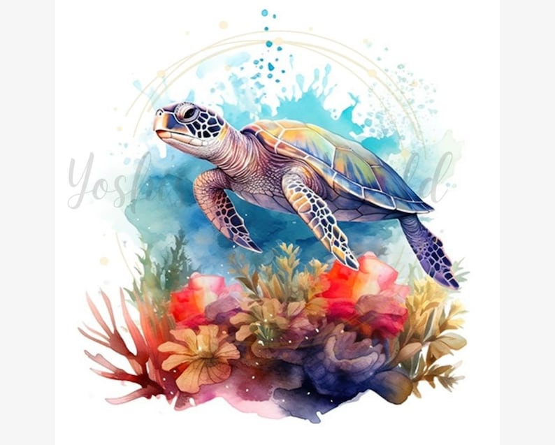 Pu&ograve; includere: Illustrazione ad acquerello di una tartaruga marina che nuota nell'oceano. La tartaruga ha un guscio verde e blu, con un viso e pinne dettagliati. Coralli e piante acquatiche in primo piano, con acqua blu e un cerchio dorato sullo sfondo.