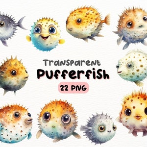 Watercolor Cute Pufferfish PNG Bundle, Digital Crafts Designs Transparent, Pufferfish Clipart, Ocean Life Clipart, Commercial Use