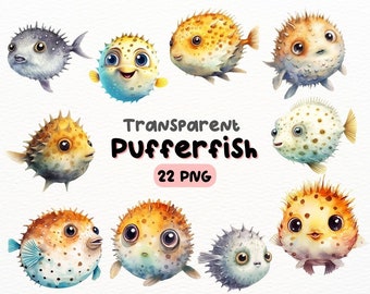 Watercolor Cute Pufferfish PNG Bundle, Digital Crafts Designs Transparent, Pufferfish Clipart, Ocean Life Clipart, Commercial Use