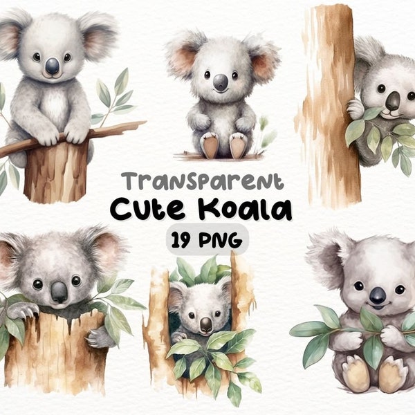 Cute Koala Watercolor PNG Bundle, Digital Crafts Designs Transparent, Baby Koala Clipart, Koala Eucalyptus Clipart, Commercial Use