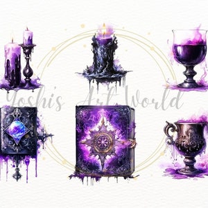 May include: A set of six watercolor illustrations featuring a purple and black color scheme. The illustrations include two candles, two books, a goblet, and a chalice. The candles are dripping wax, the books have a magical glow, and the goblet and chalice are filled with a purple liquid.