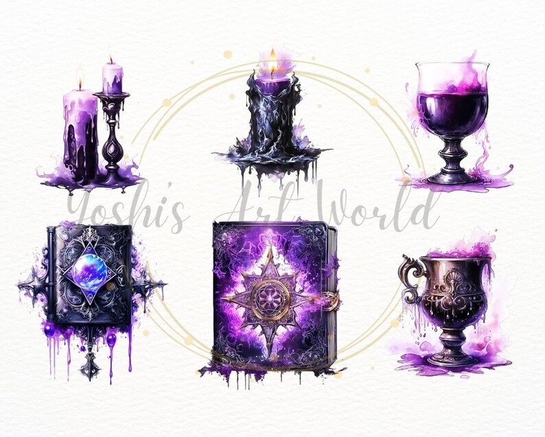 May include: A set of six watercolor illustrations featuring a purple and black color scheme. The illustrations include two candles, two books, a goblet, and a chalice. The candles are dripping wax, the books have a magical glow, and the goblet and chalice are filled with a purple liquid.