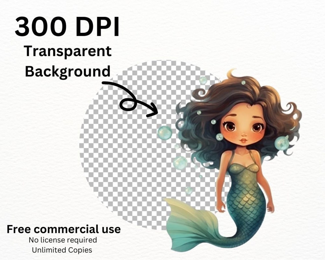 Watercolor Cute Black Mermaid PNG Bundle, Digital Crafts Designs ...