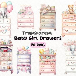 May include: A set of 20 digital clipart images of baby girl drawers with various designs. The drawers are decorated with pastel colors, flowers, and cute animals like elephants and bears. The images are perfect for creating baby girl nursery decor, invitations, and other crafts.
