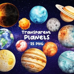 Watercolor Planets PNG Bundle, Digital Crafts Designs Transparent, Celestial Clipart, Space Clipart, Commercial Use
