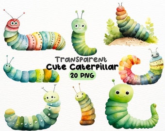 Cute Caterpillar  PNG Bundle, Digital Crafts Designs Transparent, Little Caterpillar Clipart, Insect Baby PNG, Commercial Use