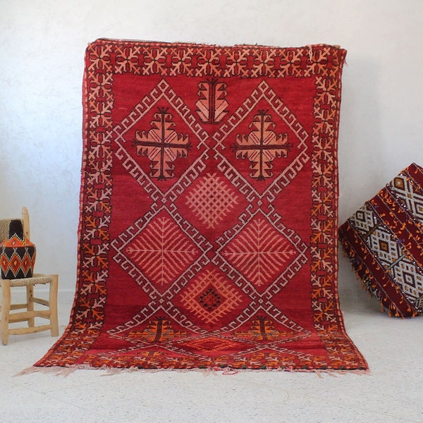 4x7 Vintage Handmade Wool Boujaad Area Rug Moroccan Living Room