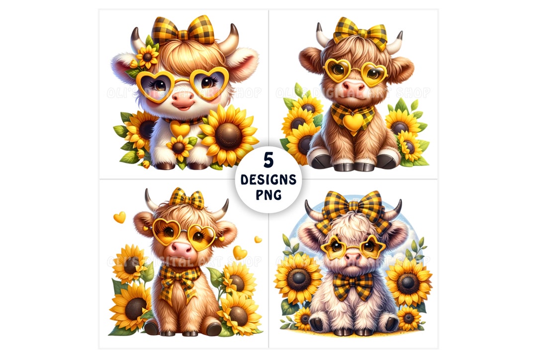 Highland Cow Sunflower PNG Bundle Sublimation Design Highland Cow PNG ...