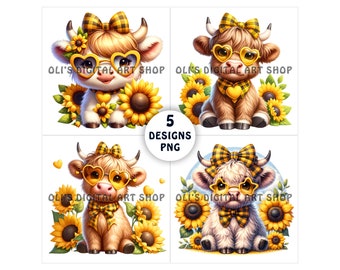 Highland Cow Sunflower PNG Bundle - Sublimation Design - Highland Cow Clipart - Digital Download