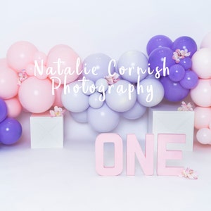 Purple and Pink Balloon Cake Smash Backdrop, Cake Smash Digital, 1st Birthday Digital,