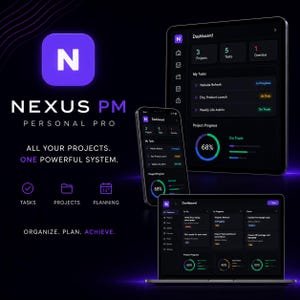 May include: A digital product mockup showcasing the Nexus PM Personal Pro app interface on a tablet, smartphone, and laptop. The app features a dark theme with a dashboard displaying project progress, tasks, and planning tools. The logo is a purple square with a white "N".