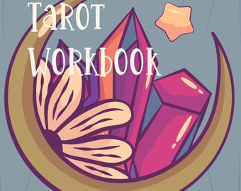 Puede incluir: Una portada de libro con el título "The Complete Tarot Workbook" en texto blanco sobre un fondo azul. La portada presenta una luna creciente con una flor y cristales en el centro. Los nombres de los autores, "Randi Lockhart & Shari Potter", están en la parte inferior de la portada.