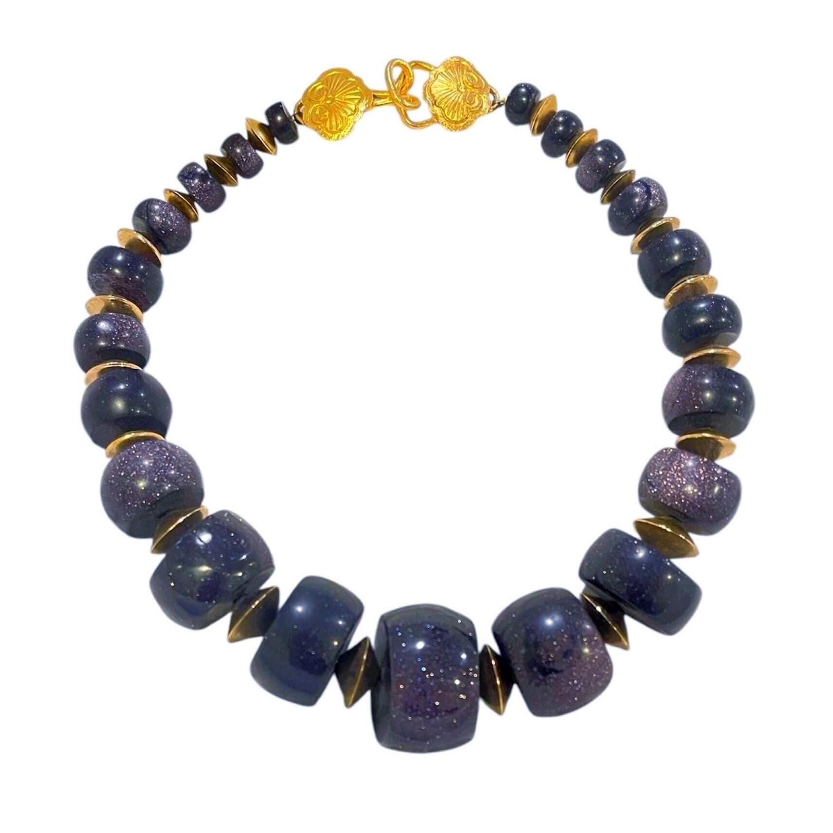Stephen Dweck Graduating Stone Necklace — Exceedingly Rare Blue Goldstone and Gold Vermeil