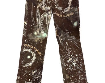 Roberto Cavalli FW 2003 Astrology Logo Print Leather Trimmed Horoscope Jeans