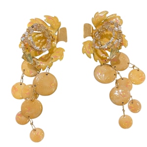 Vintage Lunch at The Ritz Signed Grapes and Leaves Dangle Earrings 22K Gold and Enamel