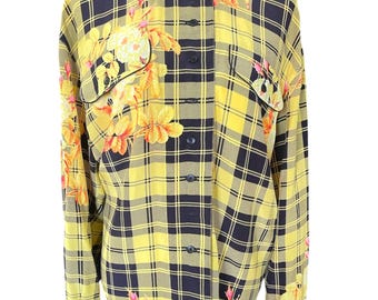 Escada rutig och neonfärgad blommig sidenblus med knappar, ca 1990-talet