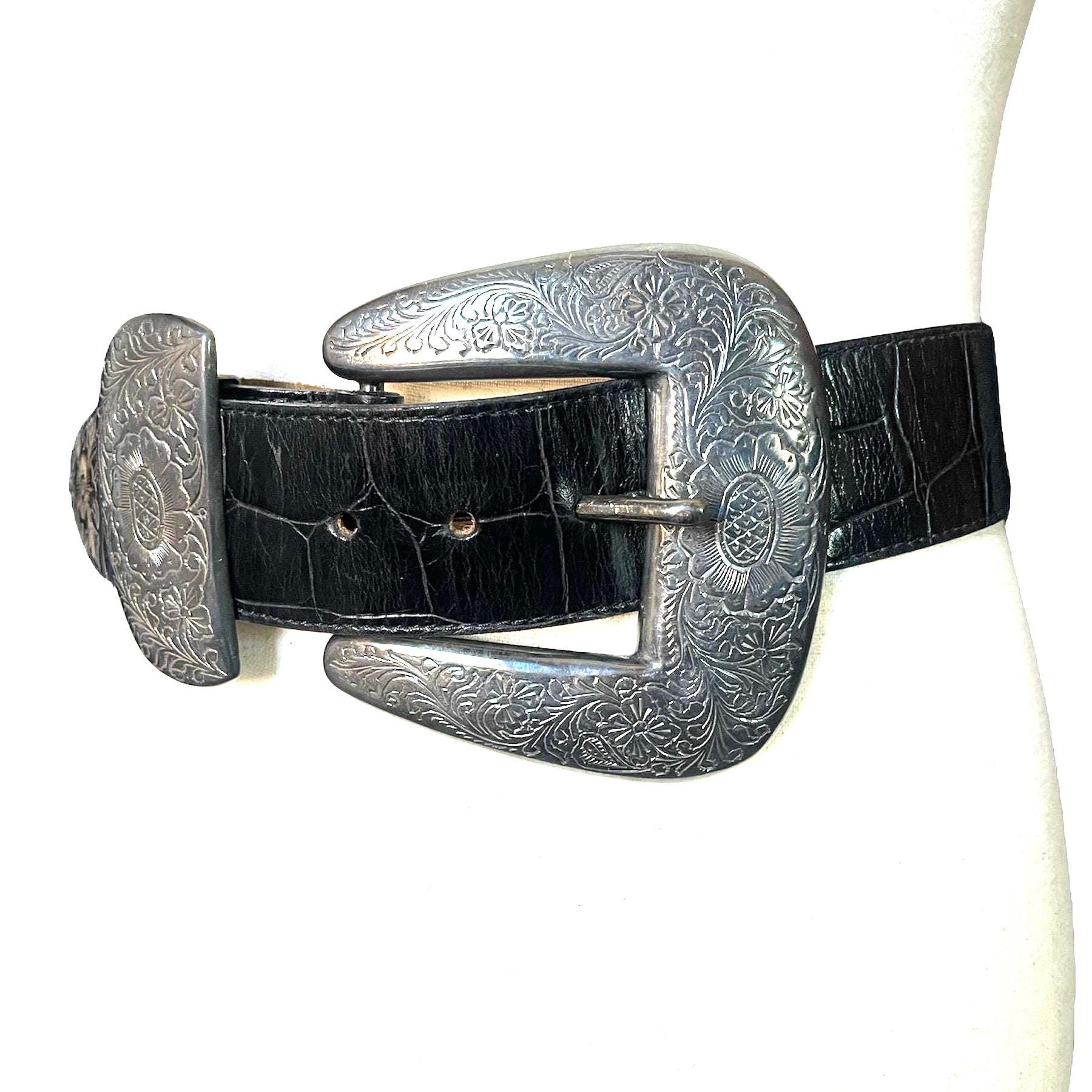 Vintage Streets Ahead Black Suede Belt Silver Buckle Embellished Made in USA SAENGRAVEDSILVER_2048x.jpg?v=  main image 2
