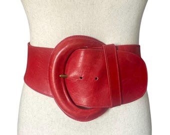 Donna Karan Vintage Red Leather Belt with Oversized Leather Covered Buckle