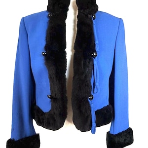 Christian Dior for Saks Fifth Avenue Vintage Wool Cropped Jacket, Cobalt Blue with Black Fur Trim