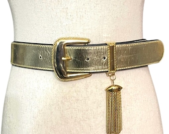 Escada Vintage Gold Leather Belt with Gold Tone Engraved Buckle and Tassel