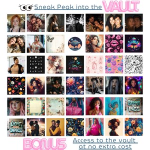 May include: A collage of images featuring various designs, including floral patterns, abstract art, and illustrations. The collage is titled "Sneak Peak into the VAULT" and includes the text "BONUS Access to the vault at no extra cost".