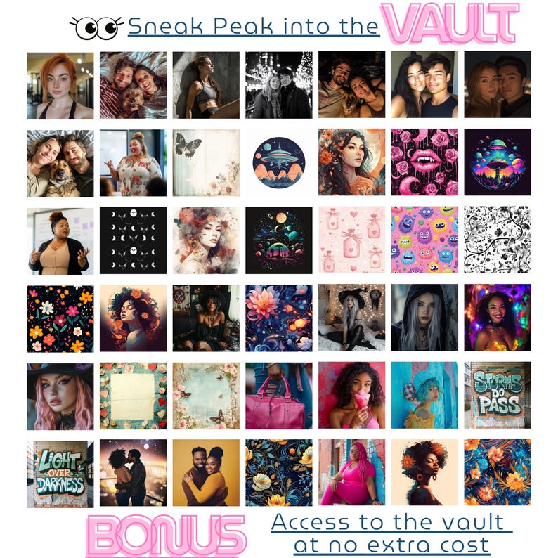 May include: A collage of images featuring various designs, including floral patterns, abstract art, and illustrations. The collage is titled "Sneak Peak into the VAULT" and includes the text "BONUS Access to the vault at no extra cost".