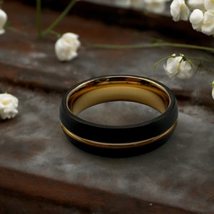 Tungsten carbide ring black and yellow gold Wedding band mens tungsten Black tungsten ring men Men&#39;s wedding band Tungsten wedding band