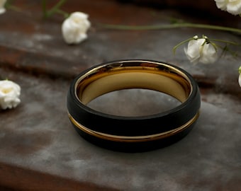 Tungsten carbide ring black and yellow gold Wedding band mens tungsten Black tungsten ring men Men's wedding band Tungsten wedding band