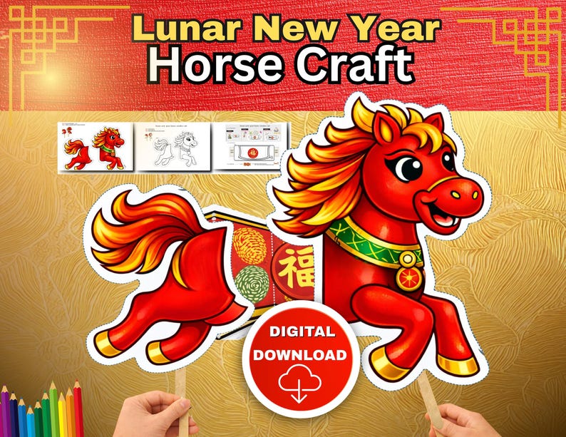 Montessori Horse Puppet Craft for Kids Lunar New Year Printable Chinese ...