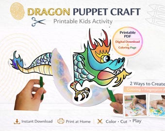 Drachen Puppet Handwerk druckbare für Kinder chinesische Drachen Handwerk Färbung Aktivität Fingerabdruck Kunst kulturelle Klassenzimmer Vorschule Feinmotorik