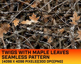 小枝とカエデの葉のシームレスなデジタルパターン、迷彩、カモフラージュ、タクティカルハンティングカモフラージュ、商用利用、即時ダウンロード、PNG、自然