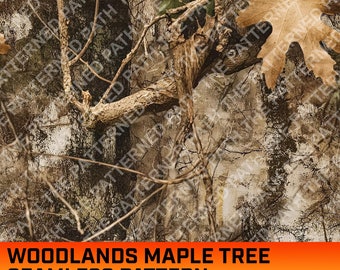 Padrão digital sem emendas de camuflagem de bordo de Woodlands, camuflagem, caça, folha de bordo, galho de árvore, uso comercial, download instantâneo, PNG