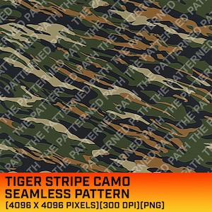 May include: A seamless pattern featuring a tiger stripe camo design in shades of green, brown, and beige. The pattern is repeated throughout the image, creating a camouflage effect.
