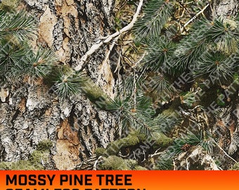 苔むした松の木の迷彩デジタルパターン、シームレスパターン、狩猟パターン、狩猟生活、商用利用、即時ダウンロード、松のテクスチャ