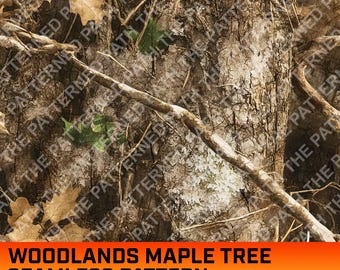 Padrão digital sem costura de camuflagem de bordo florestal, camuflagem, caça, folha de bordo, galho de árvore, uso comercial, download instantâneo, PNG