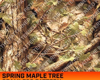 春のメープルツリー迷彩柄シームレスデジタルパターン、迷彩柄、ハンター、メープルリーフ、狩猟生活、商用利用可、即時ダウンロード、PNG