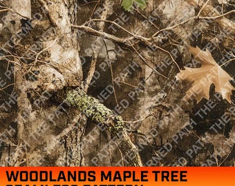 ウッドランドメープルツリー迷彩シームレスデジタルパターン、迷彩柄、狩猟、メープルリーフ、木の枝、商用利用可、即時ダウンロード、PNG