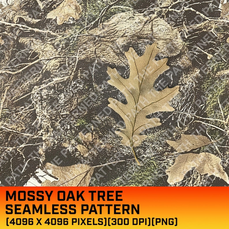 May include: A seamless pattern featuring a mossy oak tree camouflage design. The pattern is made up of brown, green, and tan colors and features a single oak leaf in the center.