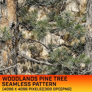 Woodlands Pine Tree Camouflage Seamless Digital Pattern, mimetico, caccia, all'aperto, ramo di albero, uso commerciale, download immediato, PNG