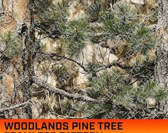 ウッドランズ パインツリー カモフラージュ シームレス デジタル パターン、迷彩柄、狩猟、アウトドア、木の枝、商用利用、即時ダウンロード、PNG