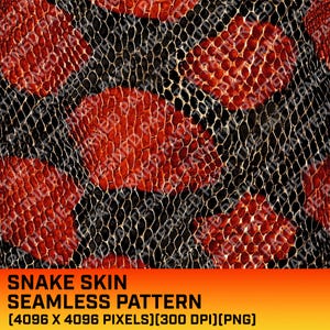 Peut inclure: Motif de peau de serpent sans couture en rouge, noir et beige. Le motif présente un motif répétitif d'écailles, avec le texte "SNAKE SKIN SEAMLESS PATTERN (4096 X 4096 PIXELS)(300 DPI)(PNG)" en bas.