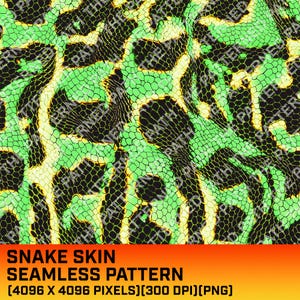 Peut inclure: Motif de peau de serpent sans couture en vert, noir et jaune. Le motif est composé de petites écailles hexagonales.